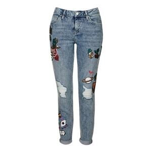 TOPSHOP MOTO LUCAS DISTRESSED BADGED SLIM STRAIGHT LEG JEANS W26 L30